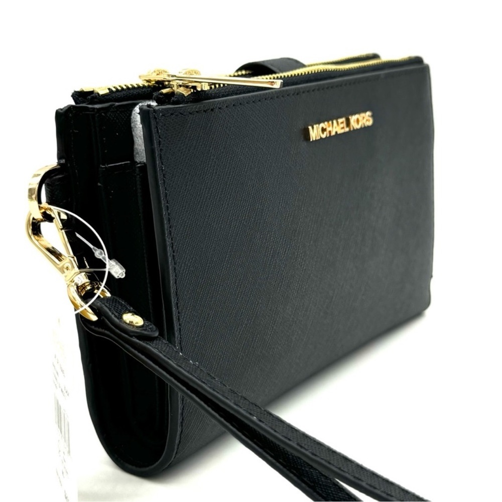 Michael Kors Large Double Zip Wallet Wristlet Black/Gold - Picture 5 of 9